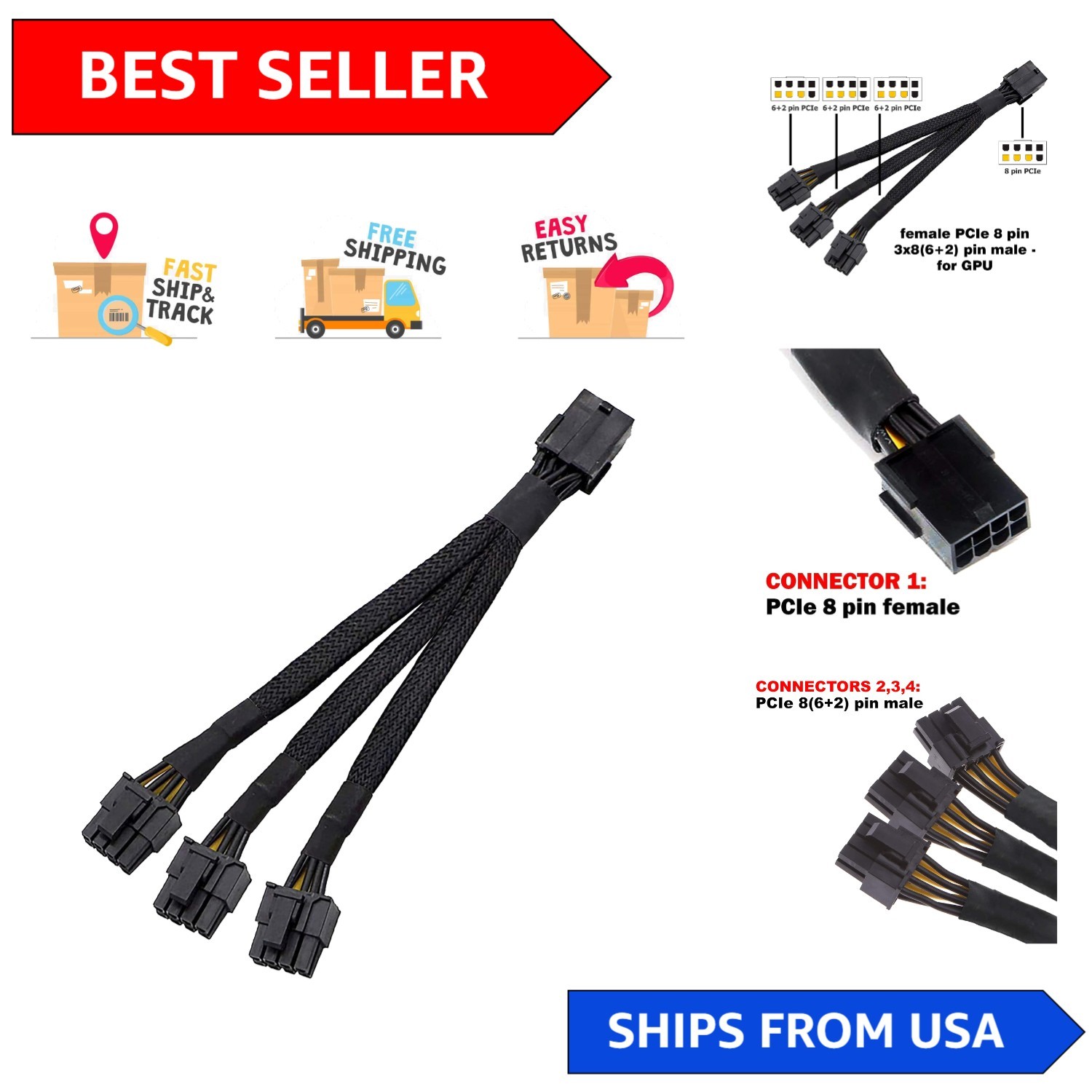 Versatile 16 AWG PCIe Power Splitter Cable - 8 Pin Female to 3 Male, 12-Inch