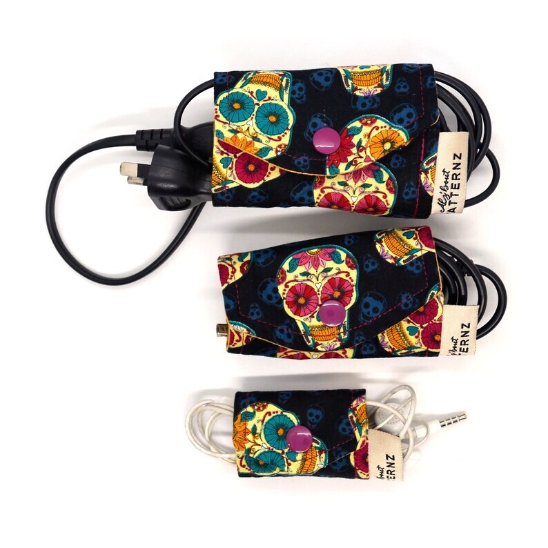 3 Sizes - Fabric Cord Wrap/Keeper - Black Scull