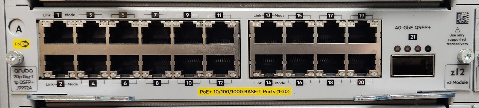 HPE Aruba 20P 10/100/1000BASE-T PoE+ MACsec / 40GbE QSFP+ v3 zl2 Module J9992A
