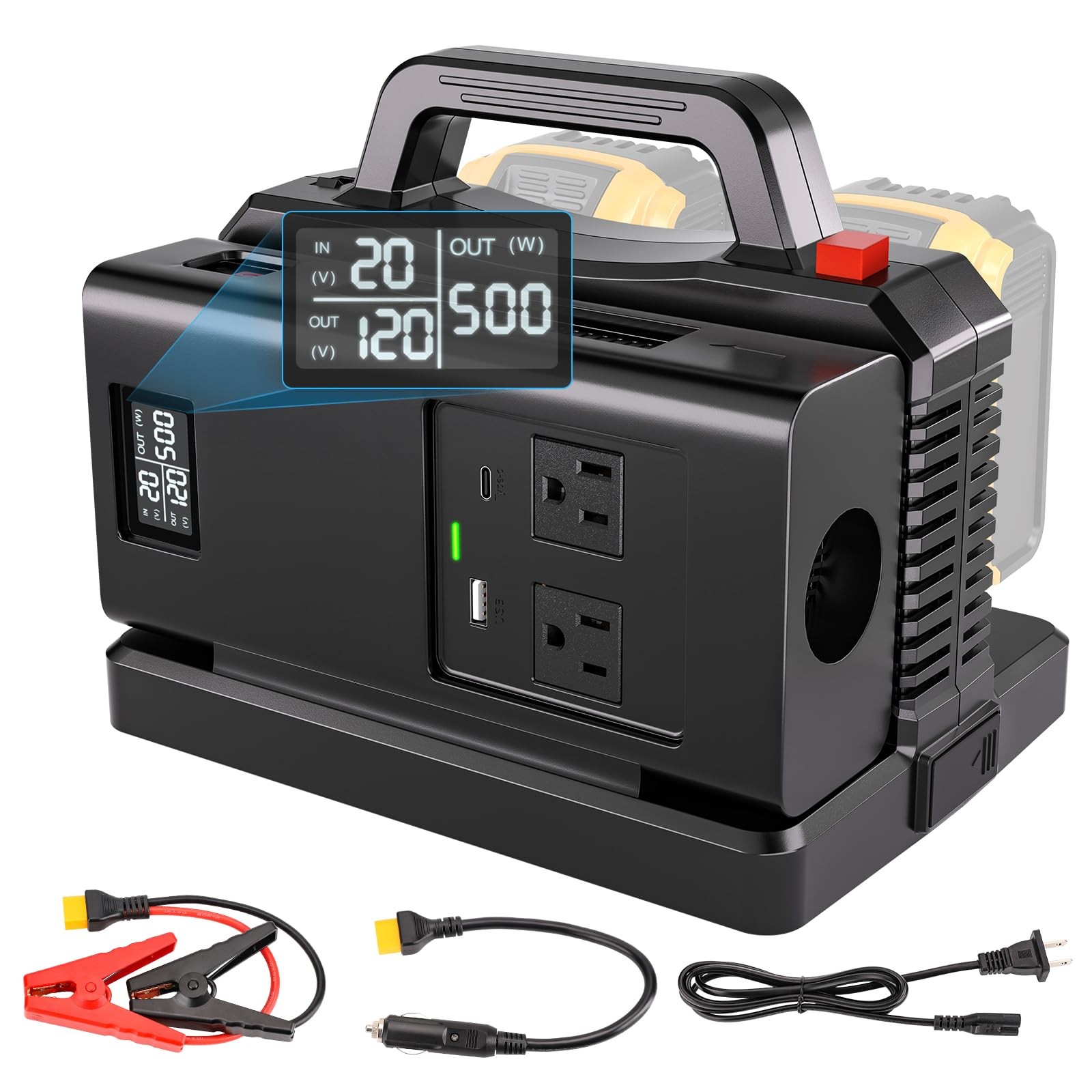 Adisipsoarin 500W Pure Sine Wave Power Inverter for DeWalt 20V Battery, 2-Por...
