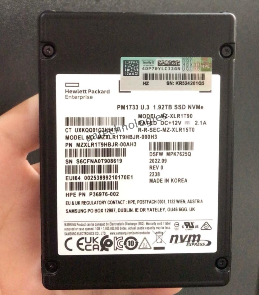 Samsung PM1733 1.92TB HPE SSD U.3 PCIE 4.0 NVME MZ-XLR1T90 MZXLR1T9HBJR-000H3