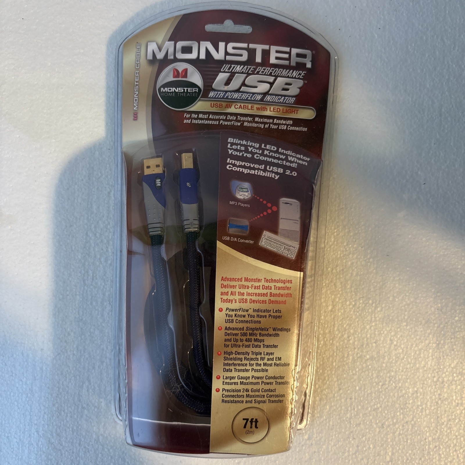 NEW Monster Ultimate Performance 7ft USB AV Cable LED Light Powerflow Indicator