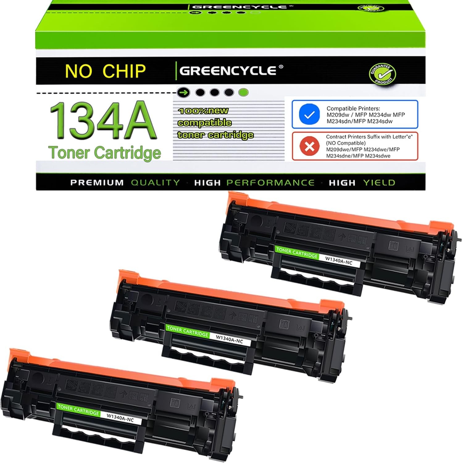 GREENCYCLE 3PK Compatible W1340A Toner With HP 134A M209dw MFP M234dwe No Chip