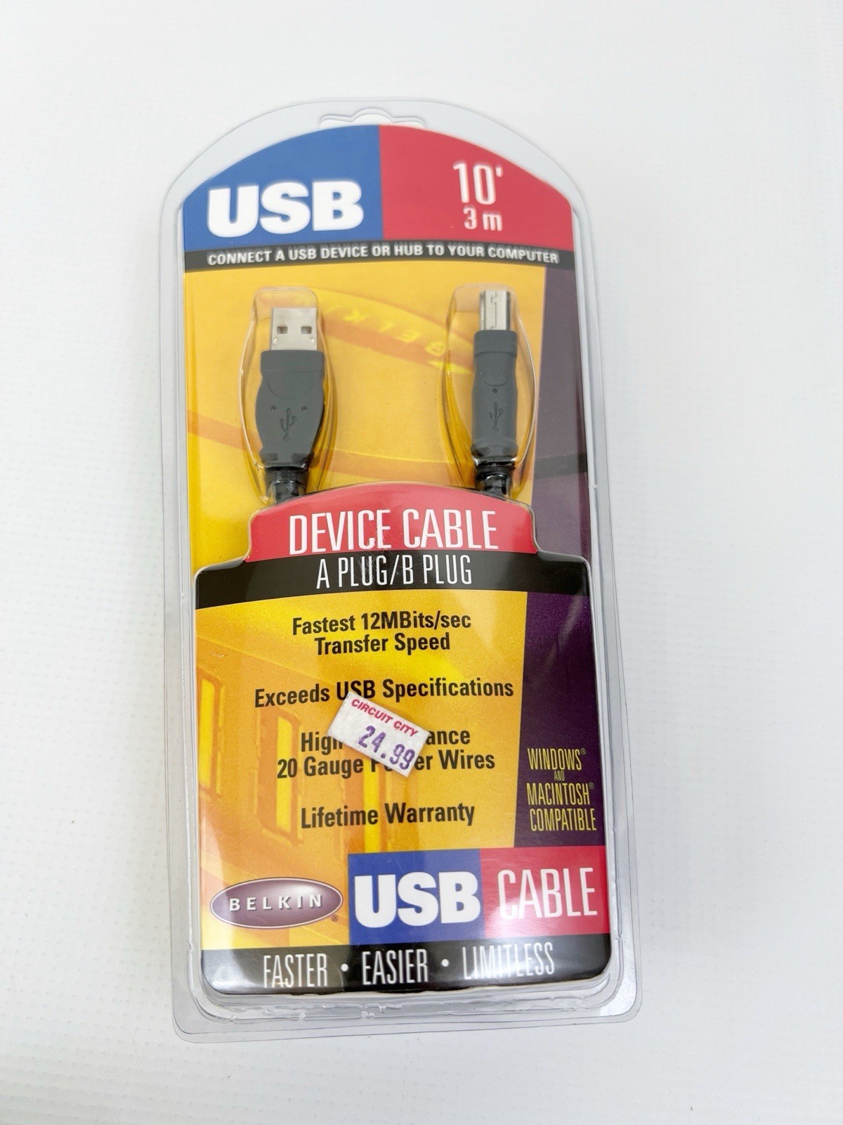 Belkin USB Cable 10' 3m A plug/B plug Windows & MAC NEW sealed F3U133-10