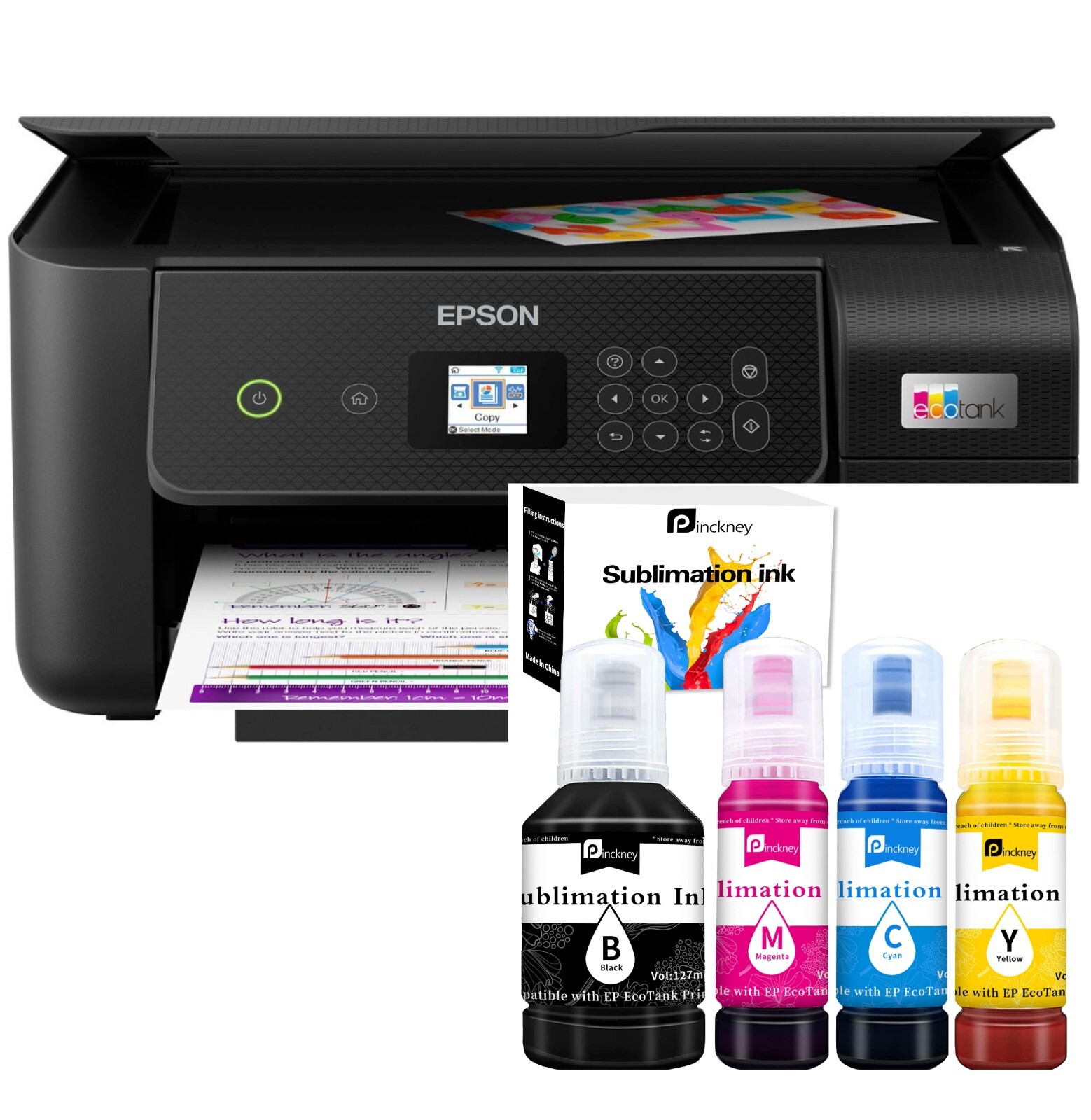 Lightly Used Espon EcoTank Printer With Sublimation Ink Bottles Bundle - Black