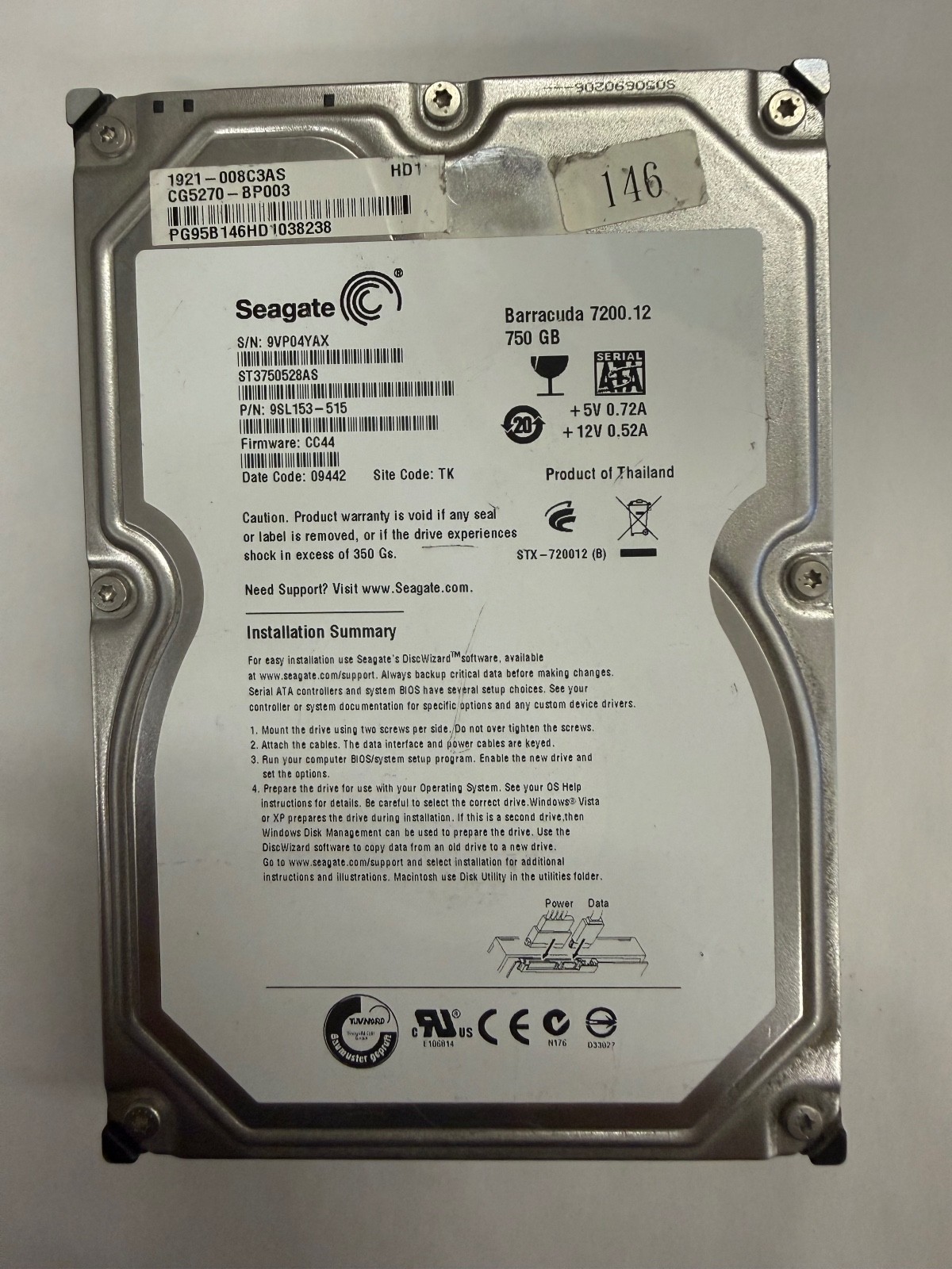 Seagate Barracuda 7200.12 750GB HDD ST3750528AS 3.5 SATA 9SL153-515