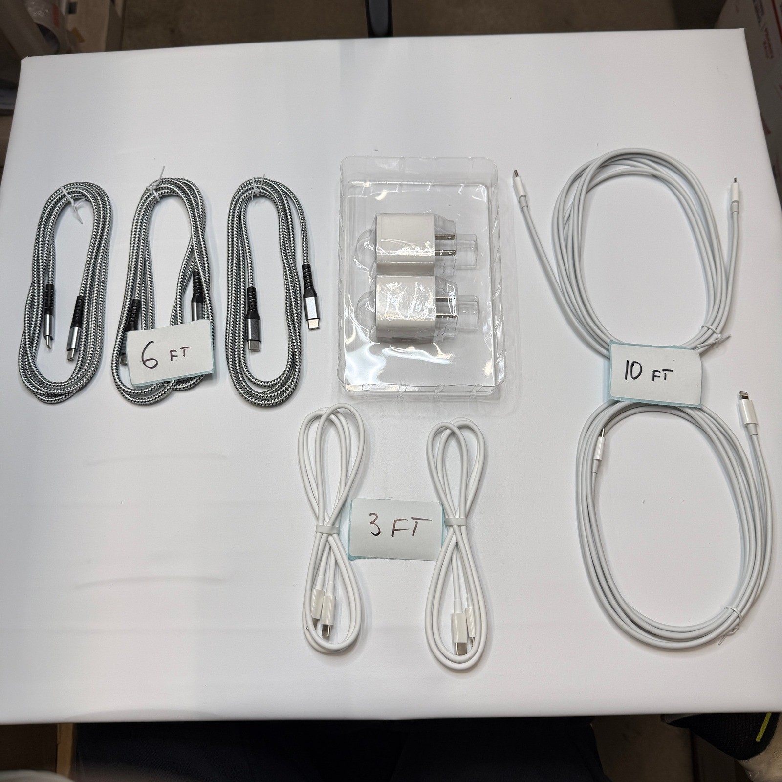 Set of 9 - 7 USB-C to C/Lightning Charging Cables 3ft 6ft 10ft, 2 Wall Adapters