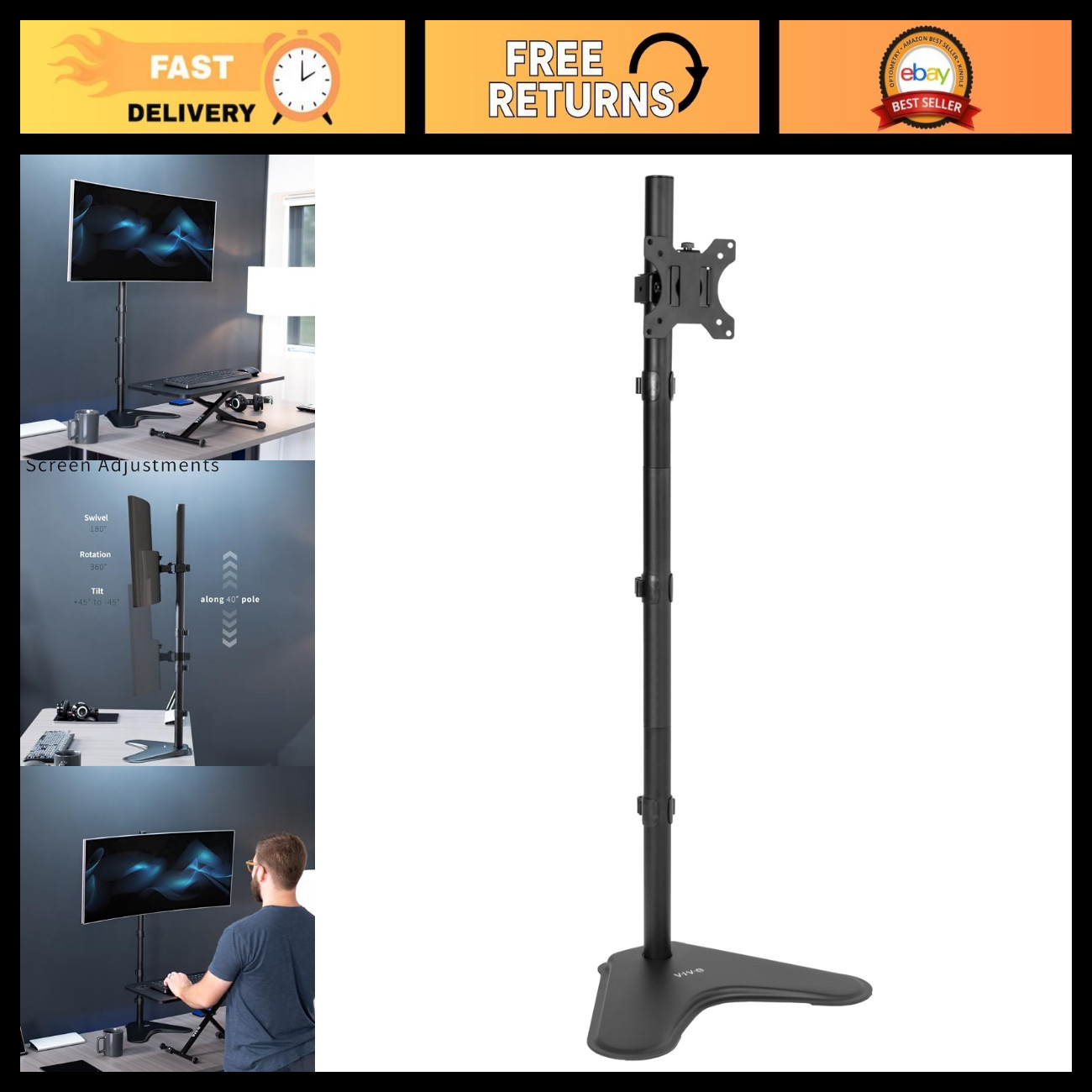 Adjustable Single Monitor Desk Stand for 13-27" Screens, Ergonomic Height Adjust