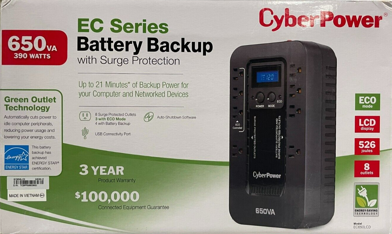 CyberPower - EC650LCD - ECO 650 VA /390 Watts Energy Efficient LCD