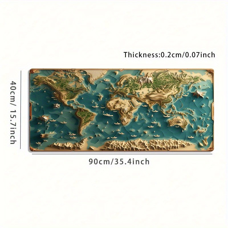 A Large Gaming Mouse Pad Featuring a 3D Embossed World Map Design, with a Non-