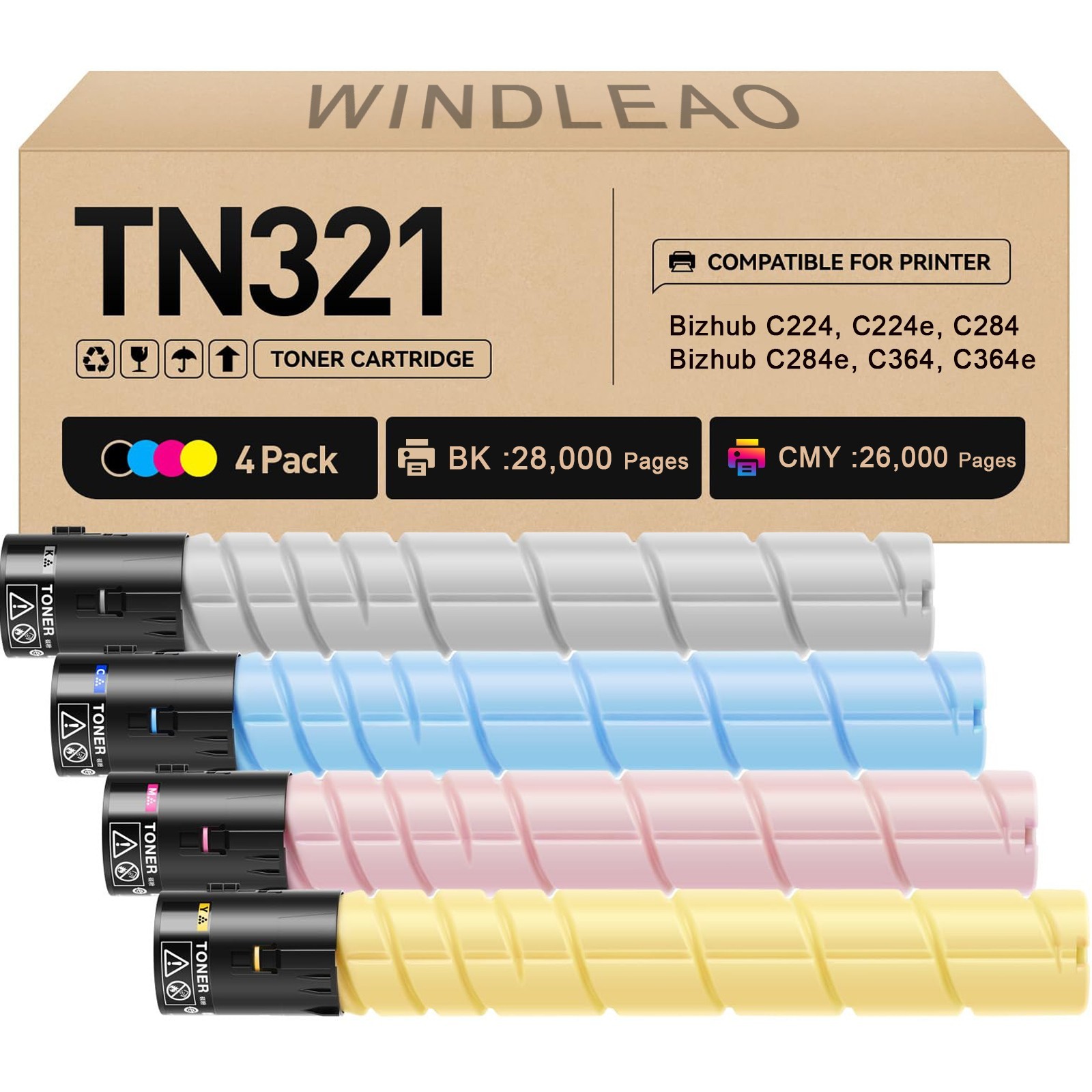 4PK TN321 Toner Cartridges Compatible with Konica Minolta Bizhub C224/C284/C364