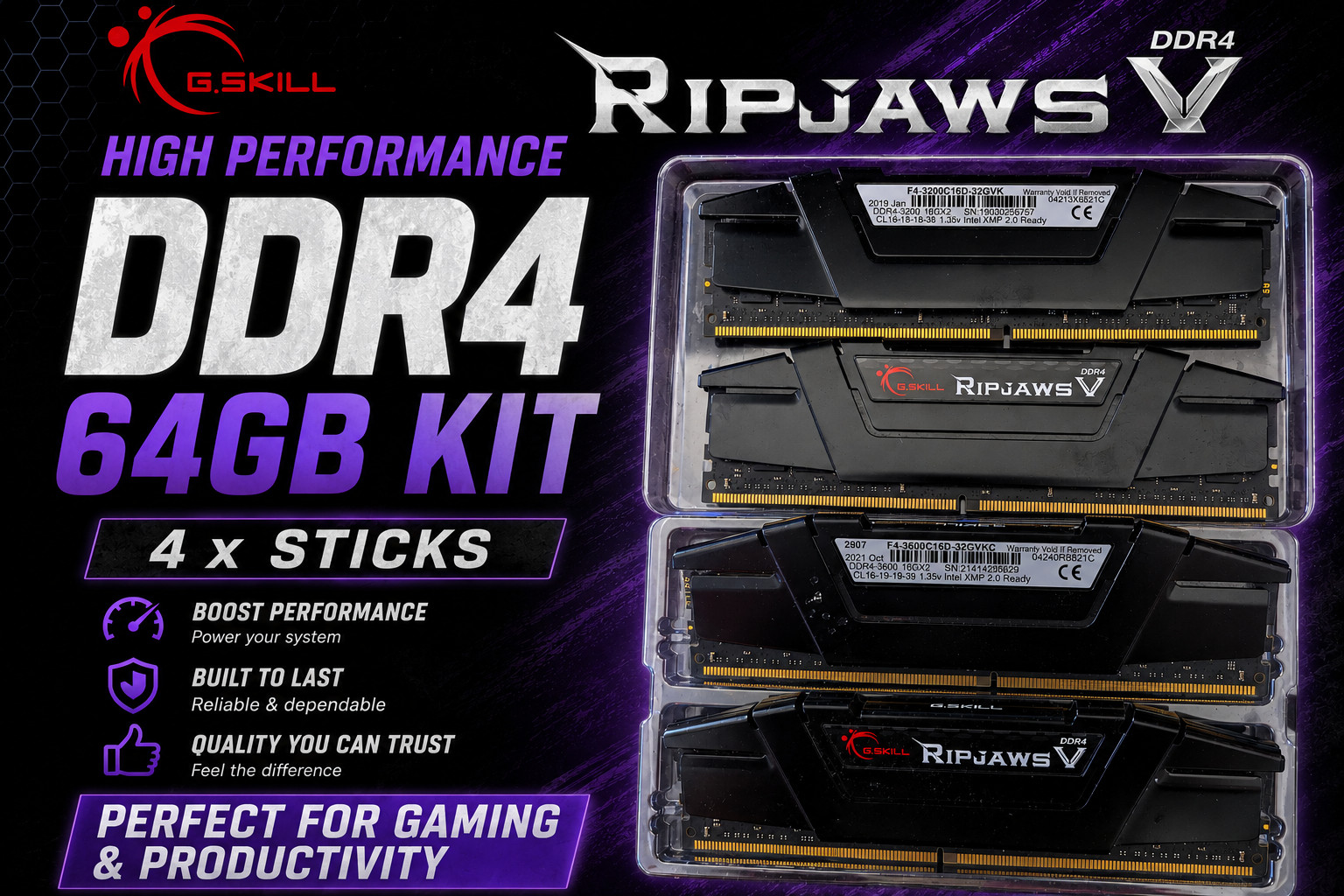 64GB G.SKILL Ripjaws V DDR4 RAM – 64GB Kit (4 x 16GB)