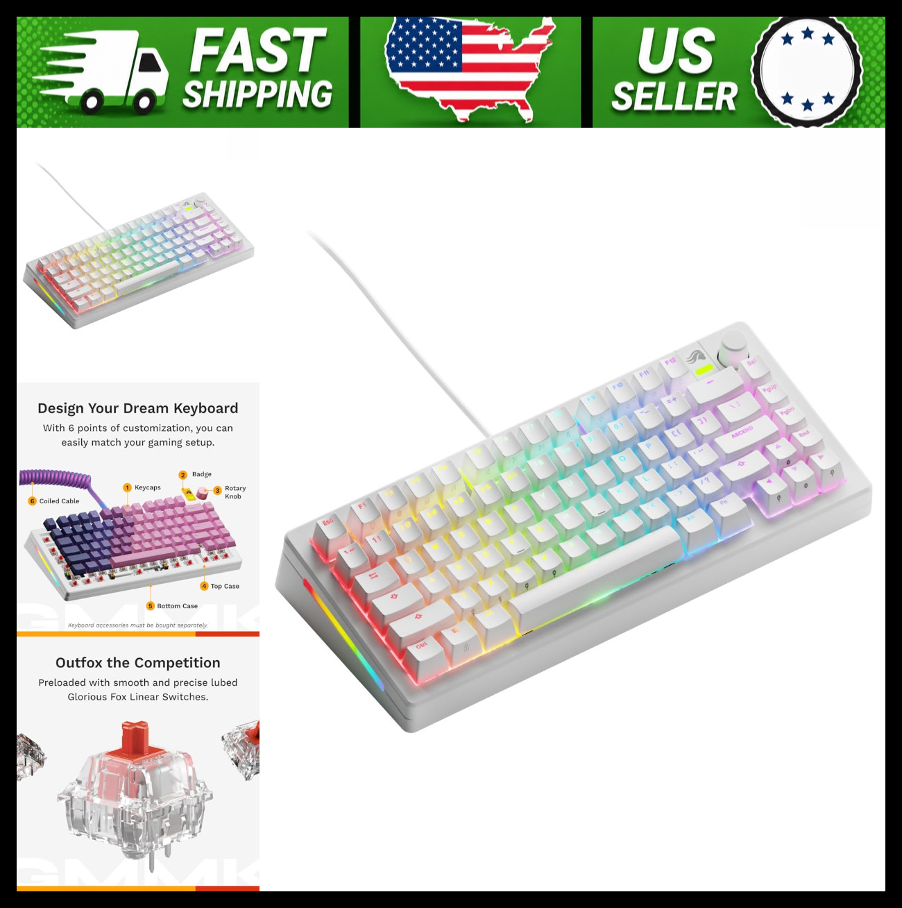 Glorious 75% Mechanical Gaming Keyboard with Knob, Hot-Swap, White