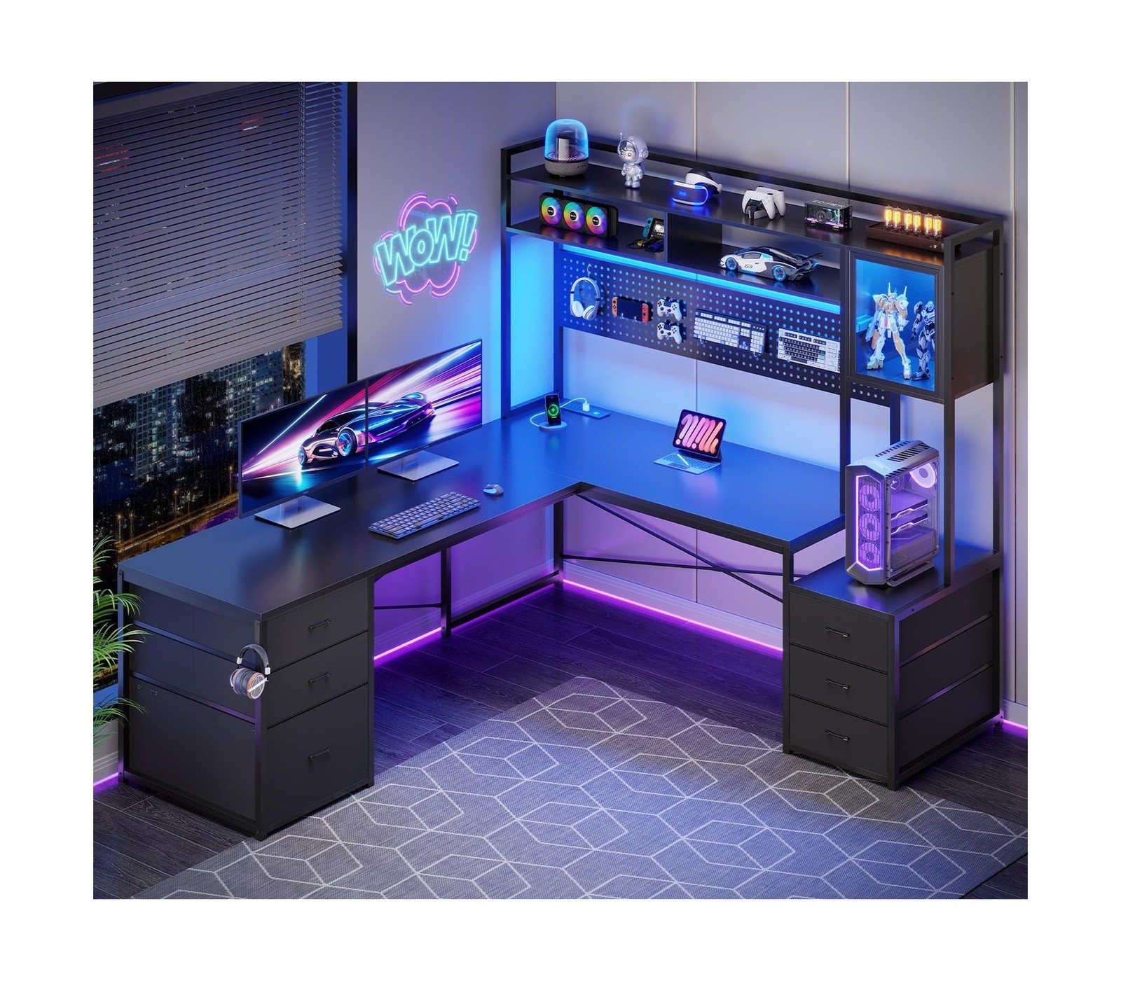 SEDETA L Shaped Gaming Desk with Drawers, Reversible Computer Corner Desk wit...