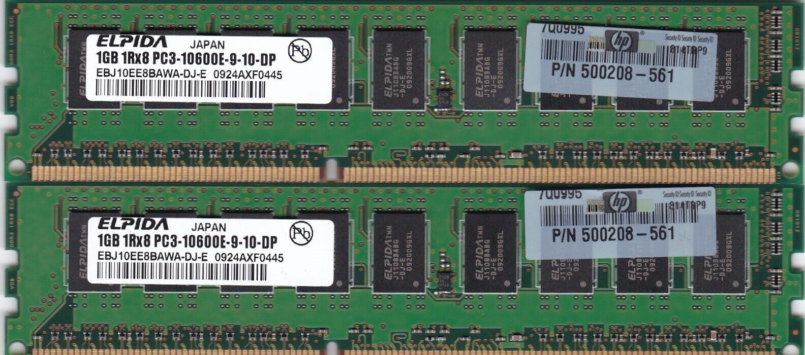 2GB 2x1GB ELPIDA PC3-10600E DDR3 ECC EBJ10EE8BAWA-DJ-E RAM MEMORY HP 500208-561