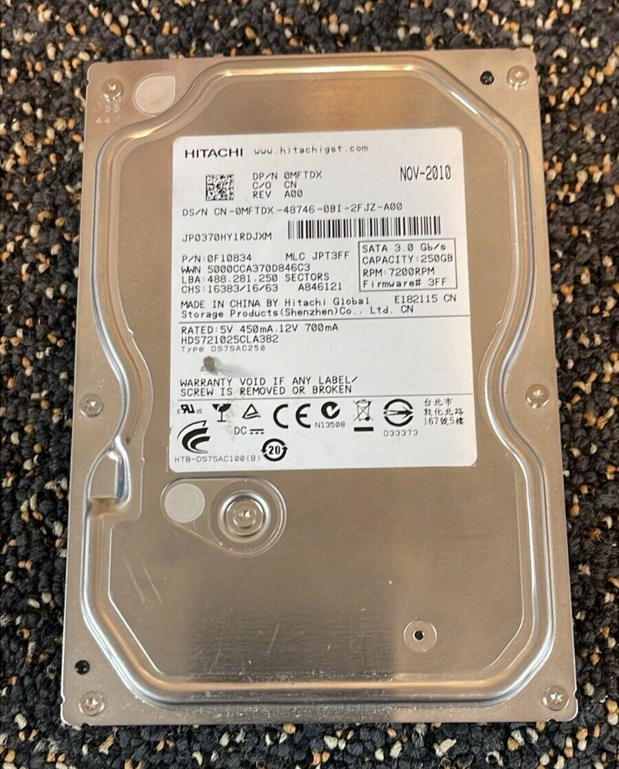 Hitachi 250gb SATA 7200rpm 3FF 0MFTDX 0F10834 HDS721025CLA382. A++