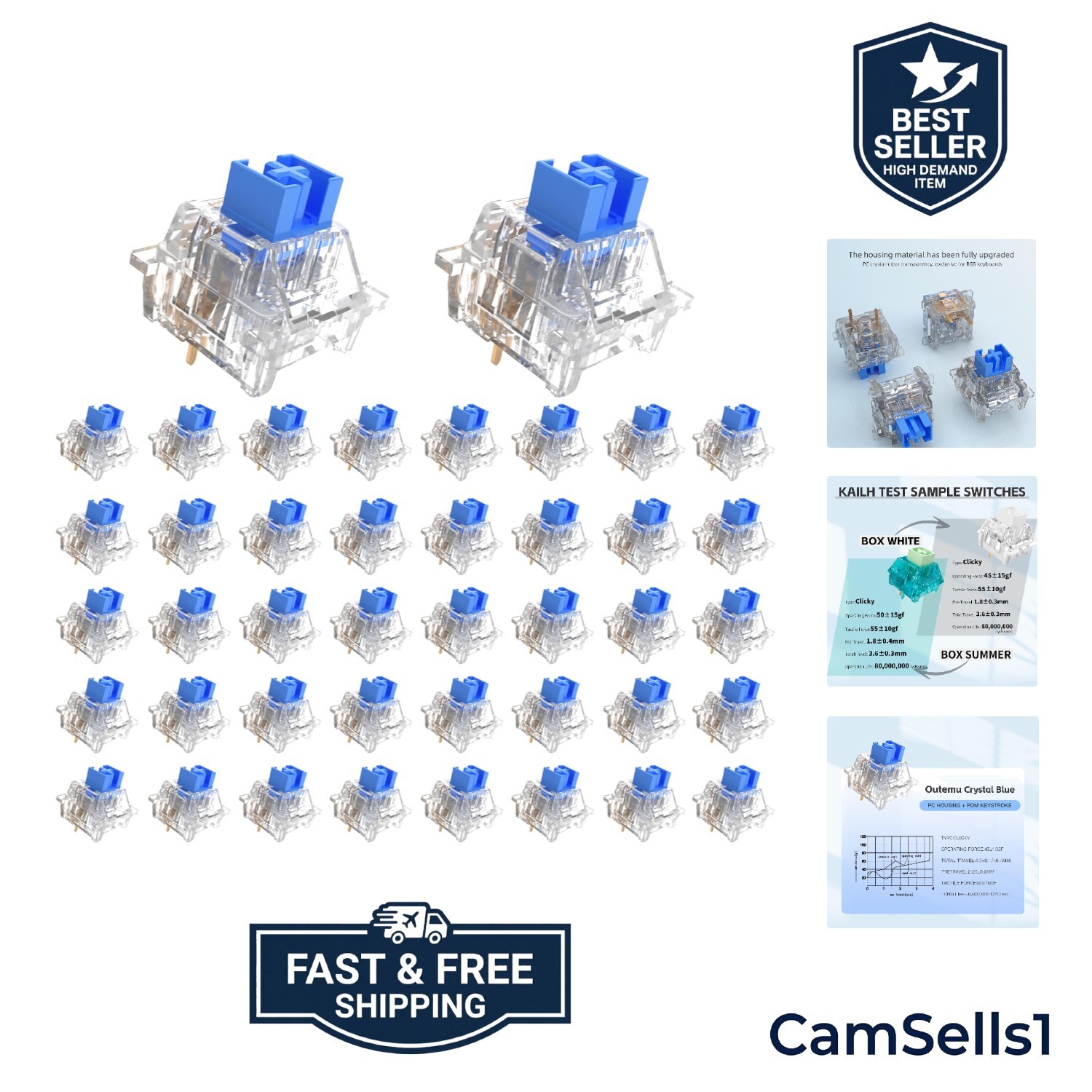 Durable Crystal Blue Keyboard Switch Set: 72 Pcs for Ultimate Gaming Performance