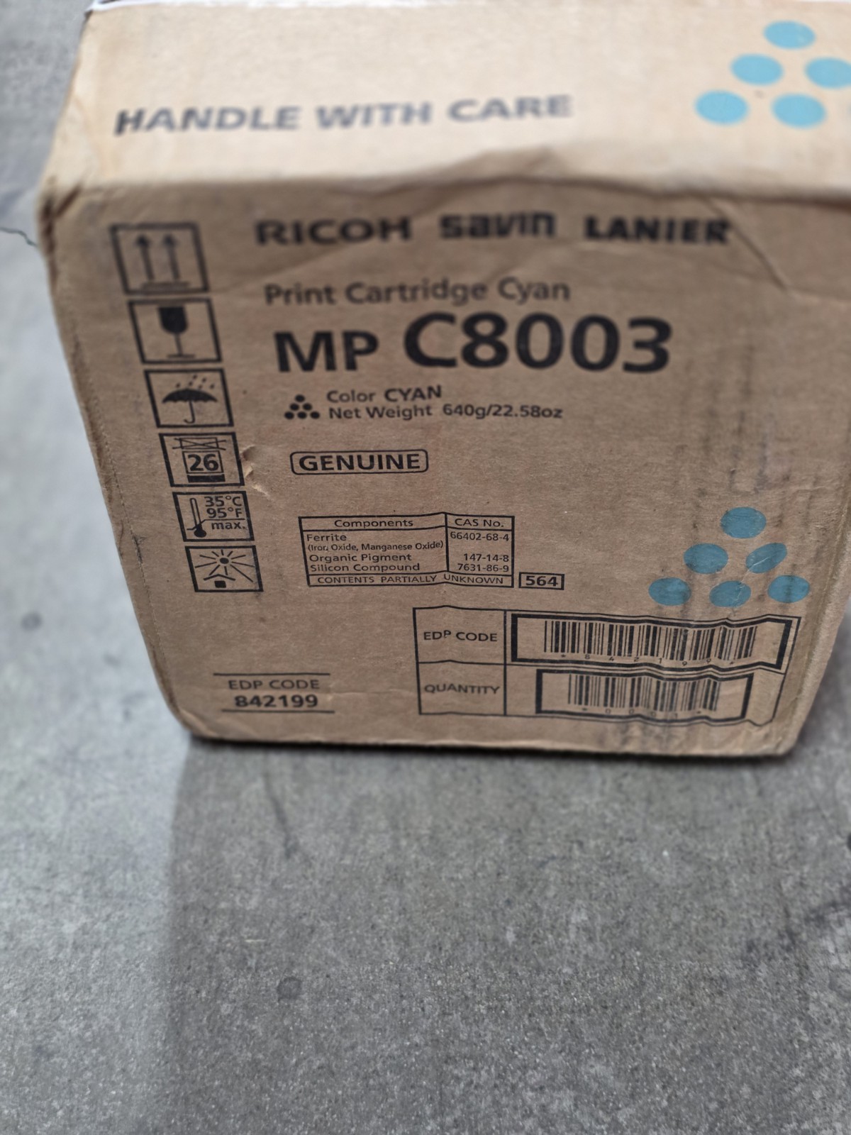 Genuine Ricoh 842199 Cyan Toner Cartridge MP C8003 C6503 OEM - Blemished Box