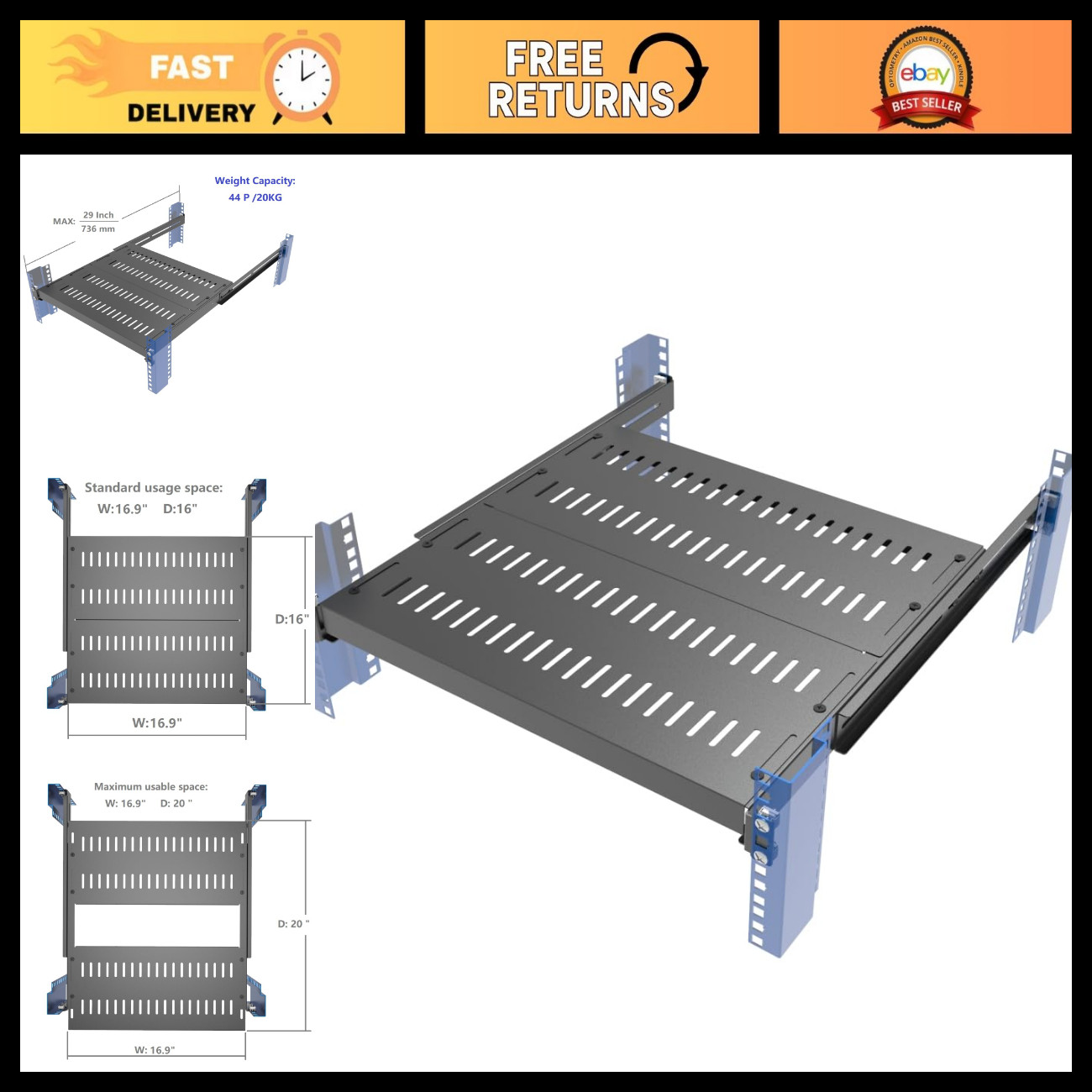 Adjustable 4-Post Server Shelf, Vented Design, Fits 16.5"-29" Depth, 1U Rack Mou