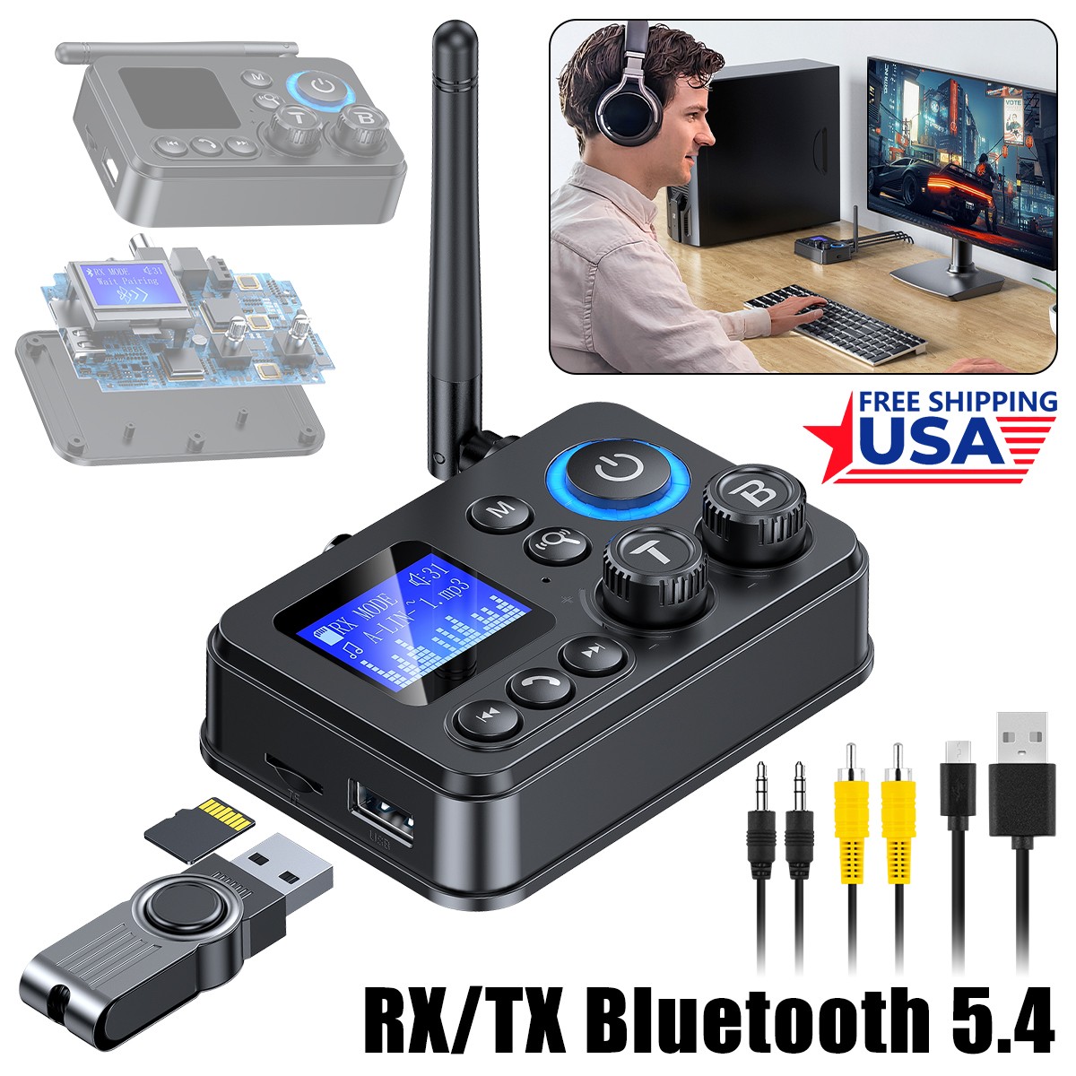 GT87 Bluetooth 5.4 Audio Adapter TX/RX 20M Range LCD AUX Optical USB TF HiFi DSP