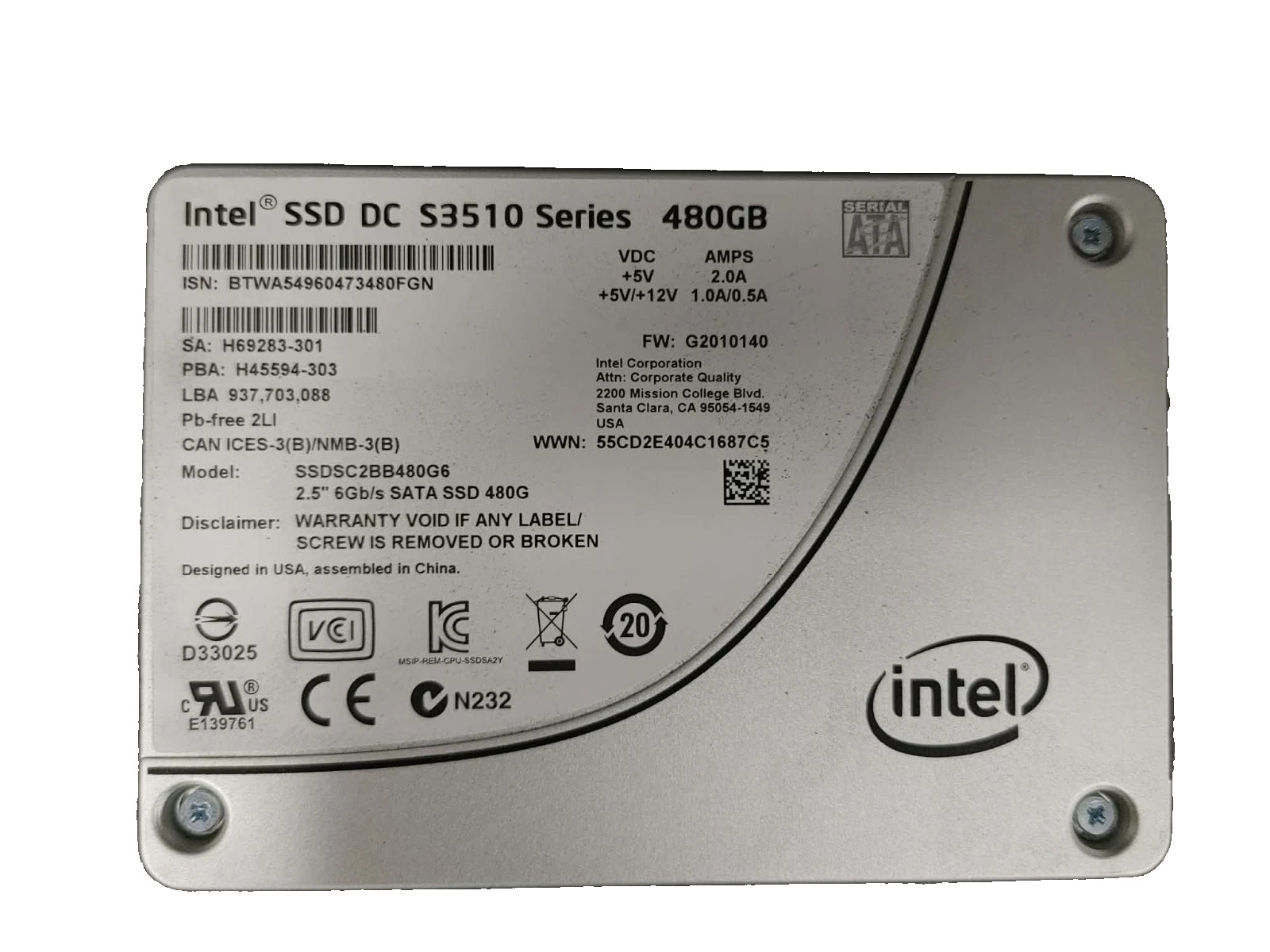 Intel SSDSC2BB480G6 S3510 480GB 2.5" SATA 6Gbps SSD Solid State Drive