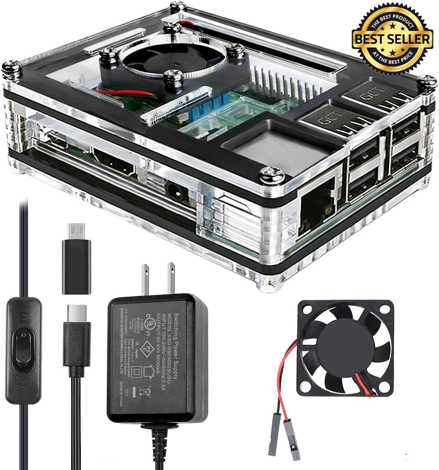 Raspberry Pi 3 B+ Case 5V 3A Micro USB Power Supply Switch Fan Heatsinks