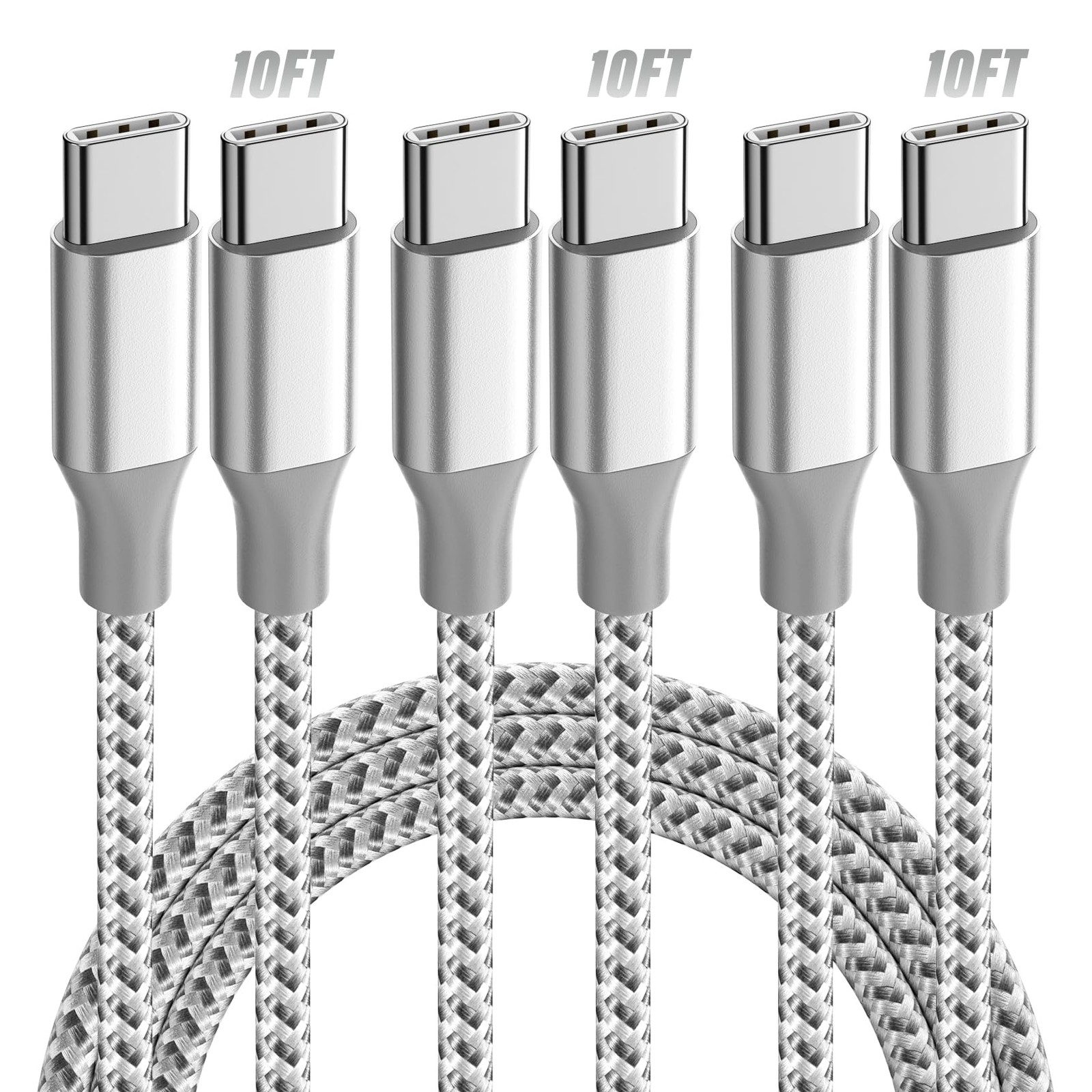 KYEHD USB C to C Cable 10ft 3 Pack 60W Fast Charging 10 feet, Grey white