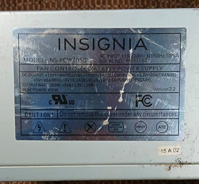 Insignia NS-PCW4050 ATX 400W Power Supply PSU SATA/4-Pin/Floppy Fan Ctrl