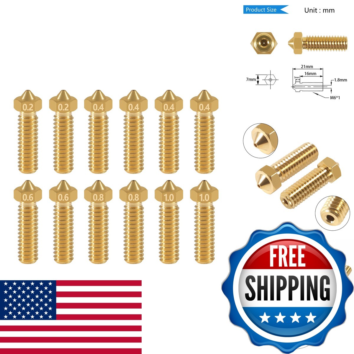 Aokin 12 Pcs Brass Nozzle Kit 0.2 0.4 0.6 0.8 1.0mm Anycubic Vyper Kobra Max