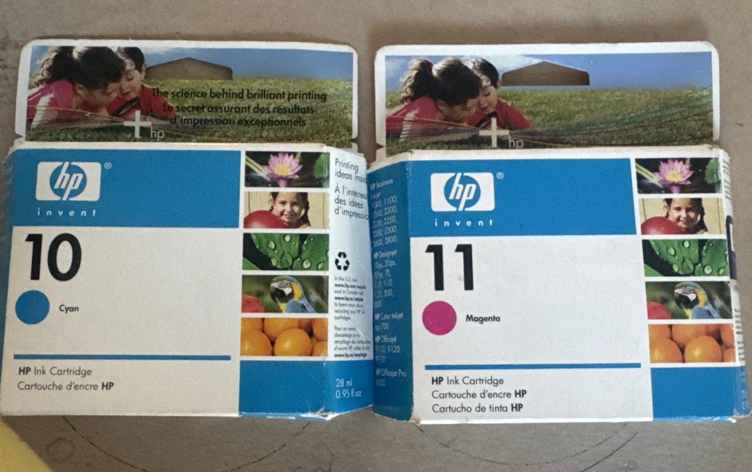 Two genuine HP Printer Ink Cartridges 10 C4841A Cyan 11 C4837A Magenta Expired