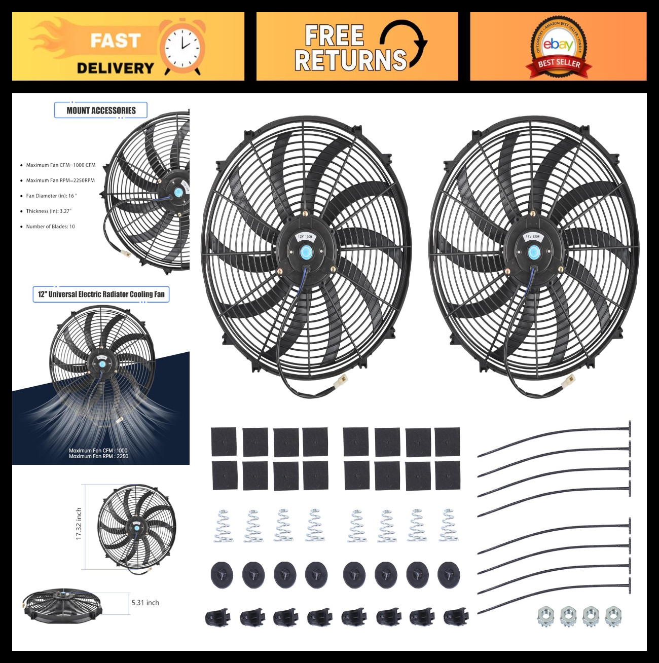 16" Slim Electric Radiator Cooling Fan 12V 120W High Performance - 2 Pack, Unive