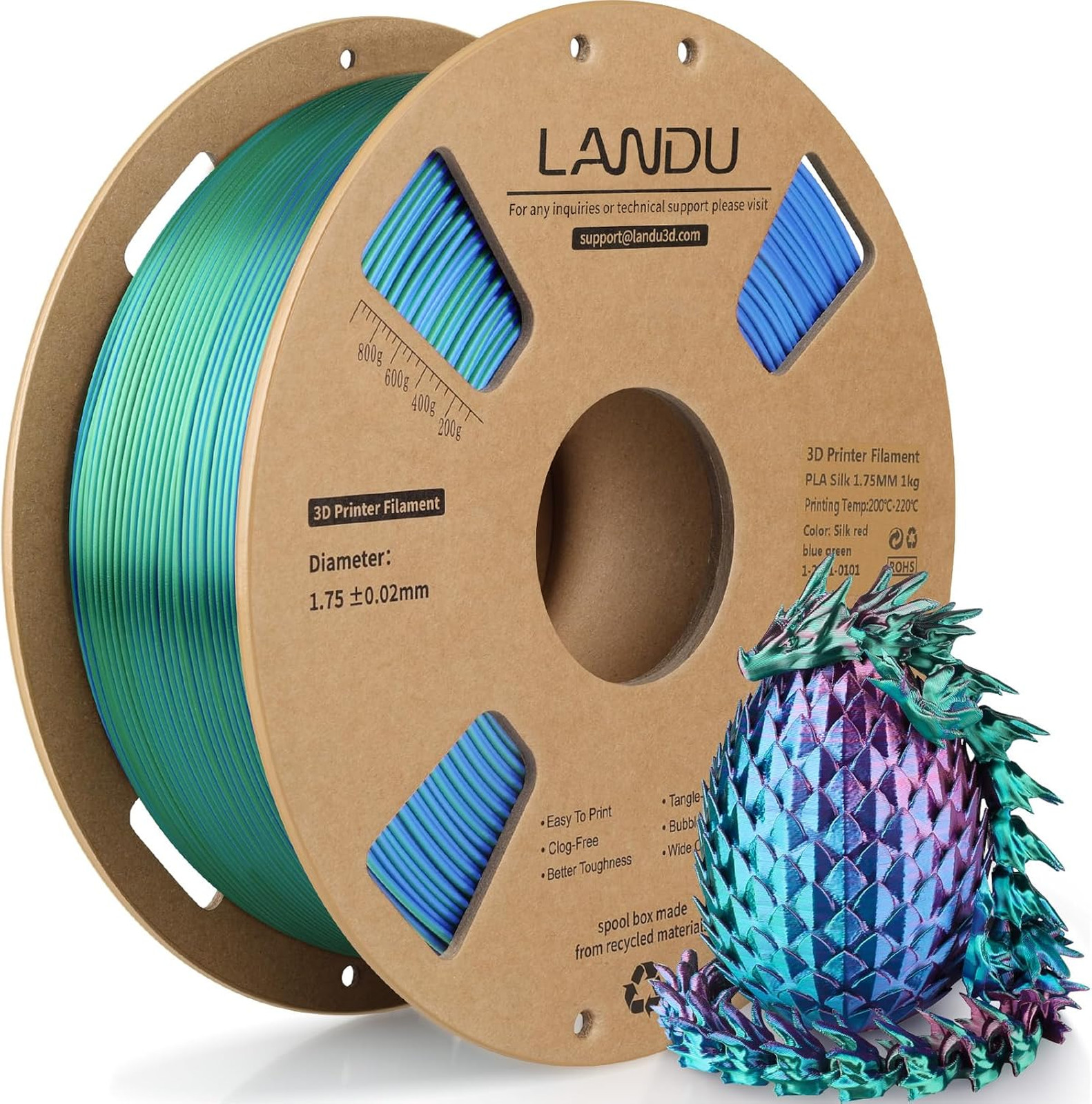 Silk Tri-Color PLA Filament 1.75mm 1Kg Multi Color Rainbow for 3D Printing