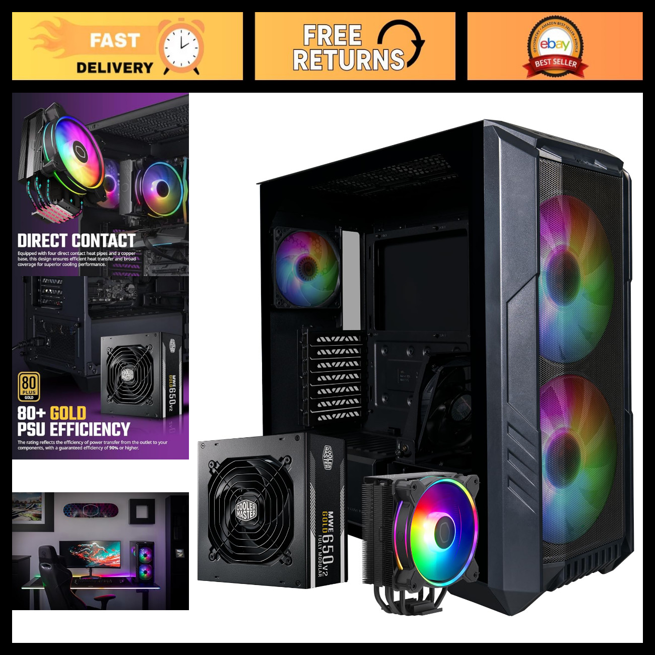 High Airflow ATX Mid-Tower PC Case Bundle - Dual 200mm ARGB Fans, 650W PSU, Hype