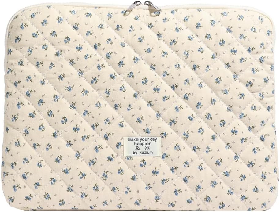 Cute Laptop Sleeve 13-15 inch Laptop Case Aesthetic Quilted Computer Bag with Fl
