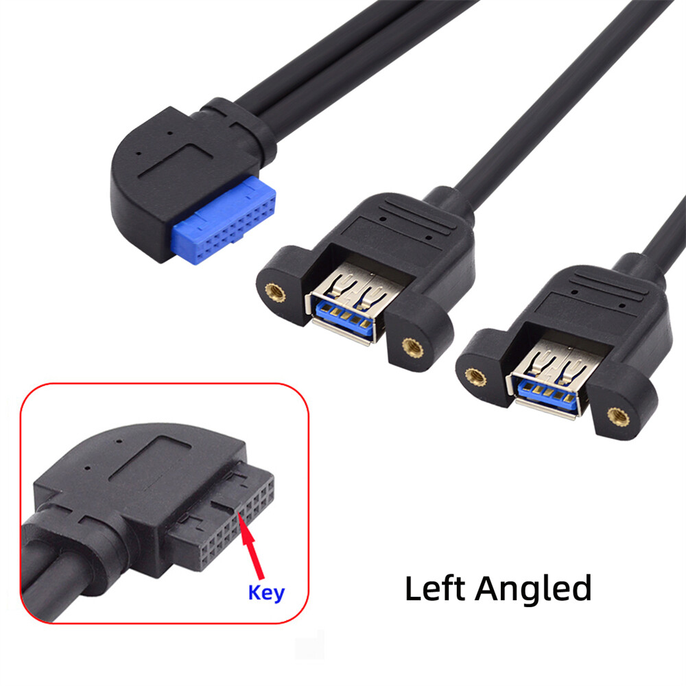 Cablecy Angled 20Pin Header to USB 3.0 Dual Ports Female Screw Mount Type Cable