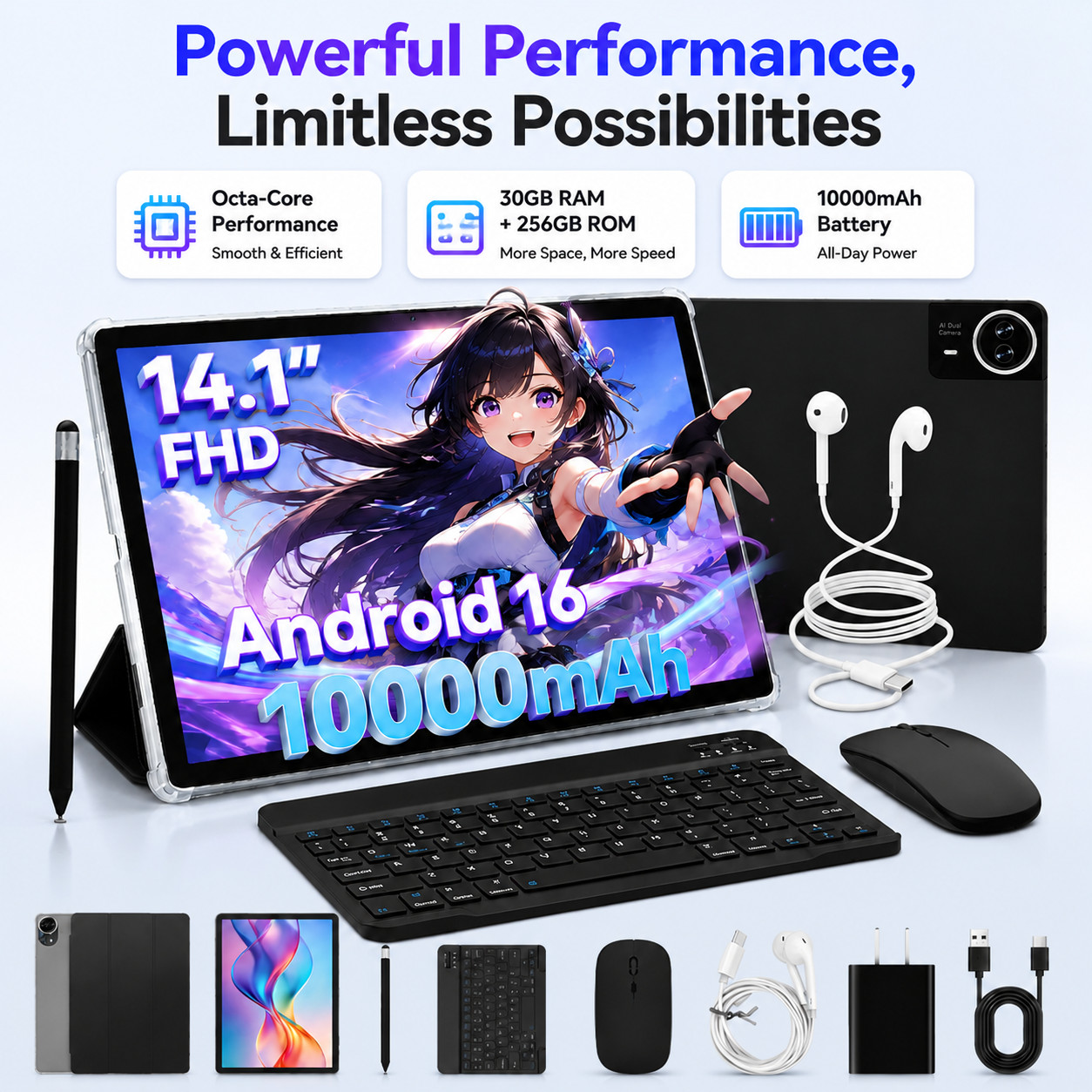 URAO NEW Tablet 14.1" IPS FHD Touchscreen 30GB+256GB ROM 10000mAh Android 16 PC