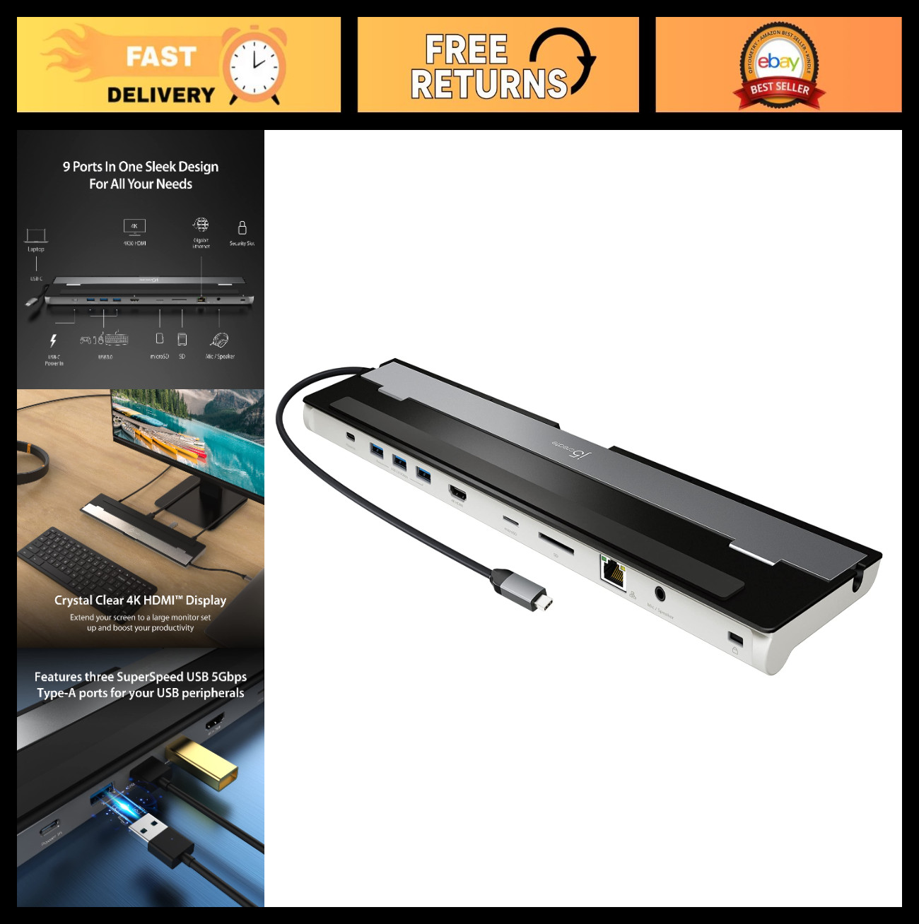 9-in-1 USB-C Docking Station, 4K HDMI, 5Gbps USB-A x3, Card Reader, PD 100W, Eth