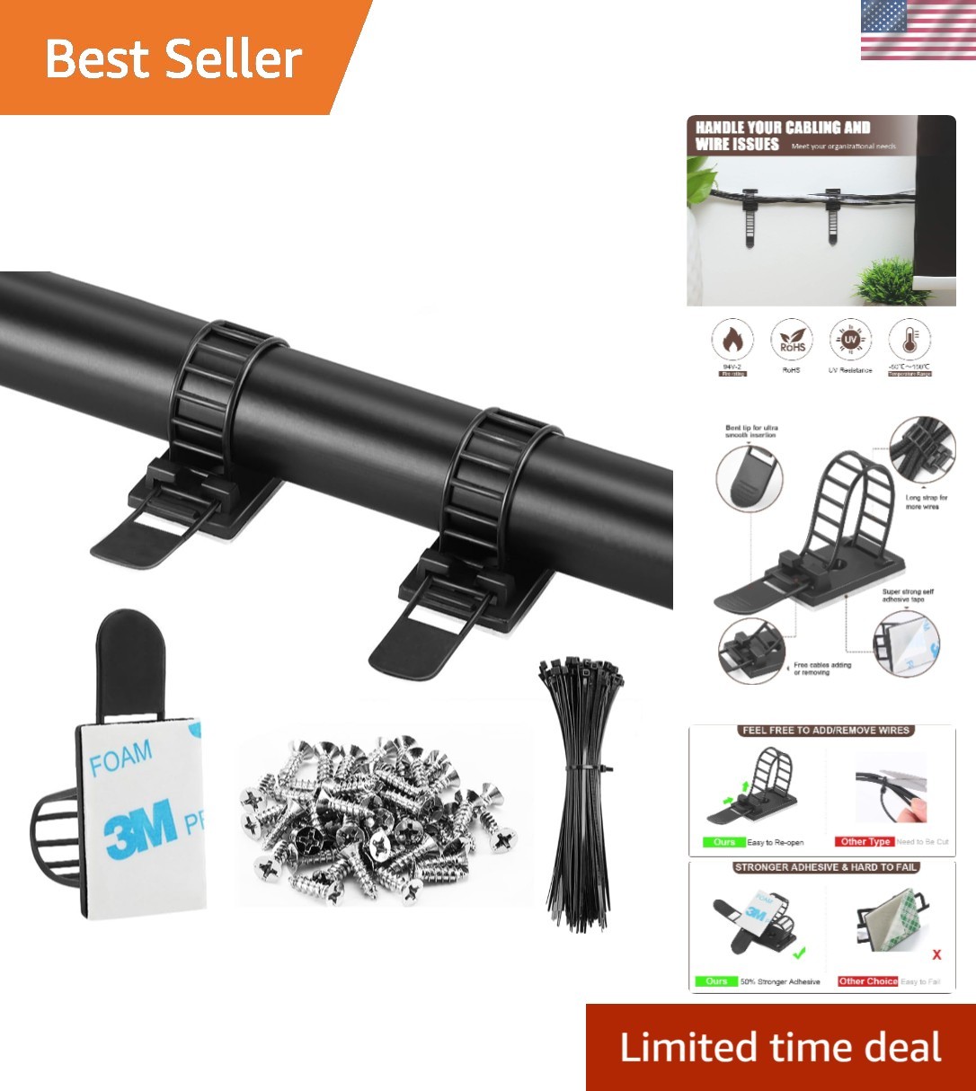 Cable Management Clips with Zip Ties 50Pcs Self-Adhesive Reusable Black