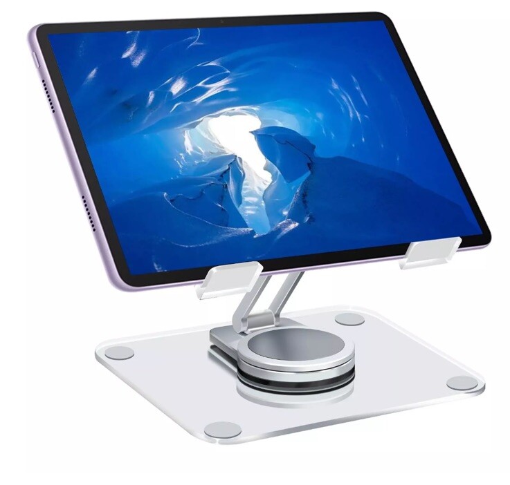 Acrylic Tablet Stand with Rotating Base, Foldable Clear Tablet Holder for Desk
