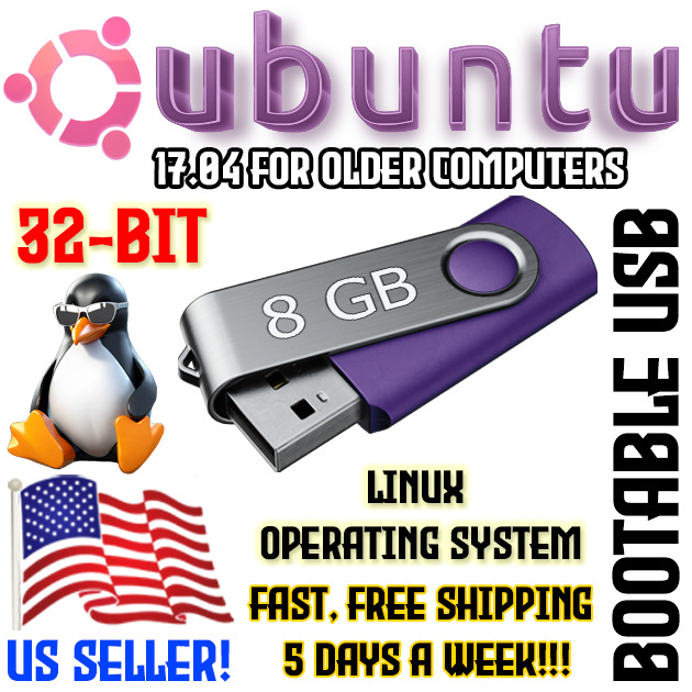 Ubuntu 17.04 32-Bit for Older Computers Linux OS DVD or USB Live Boot / Install