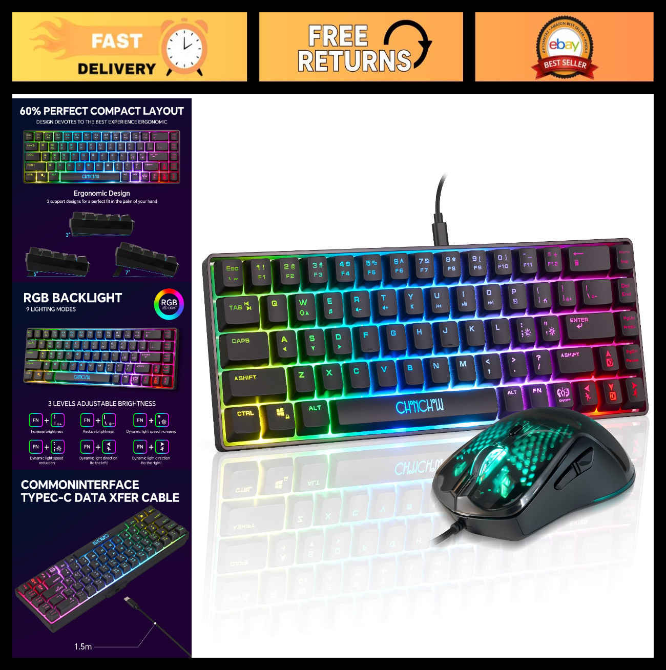60% Gaming Keyboard & Mouse Combo, 68 Keys Wired, RGB Backlit LED, PC Accessorie