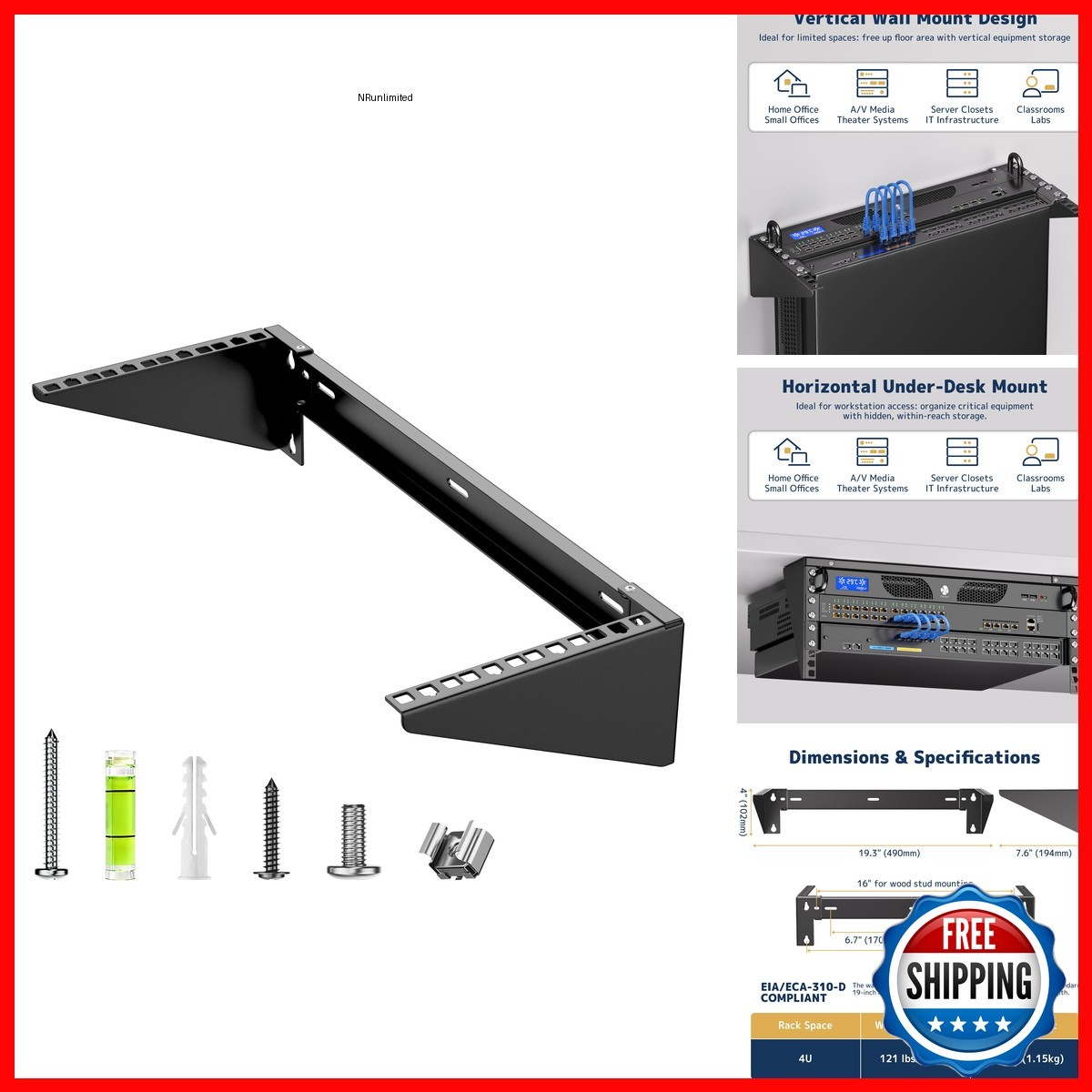 STANDOPIA JHSVR-4U 4U Vertical Wall Mount Rack 19" Steel Bracket 121lbs