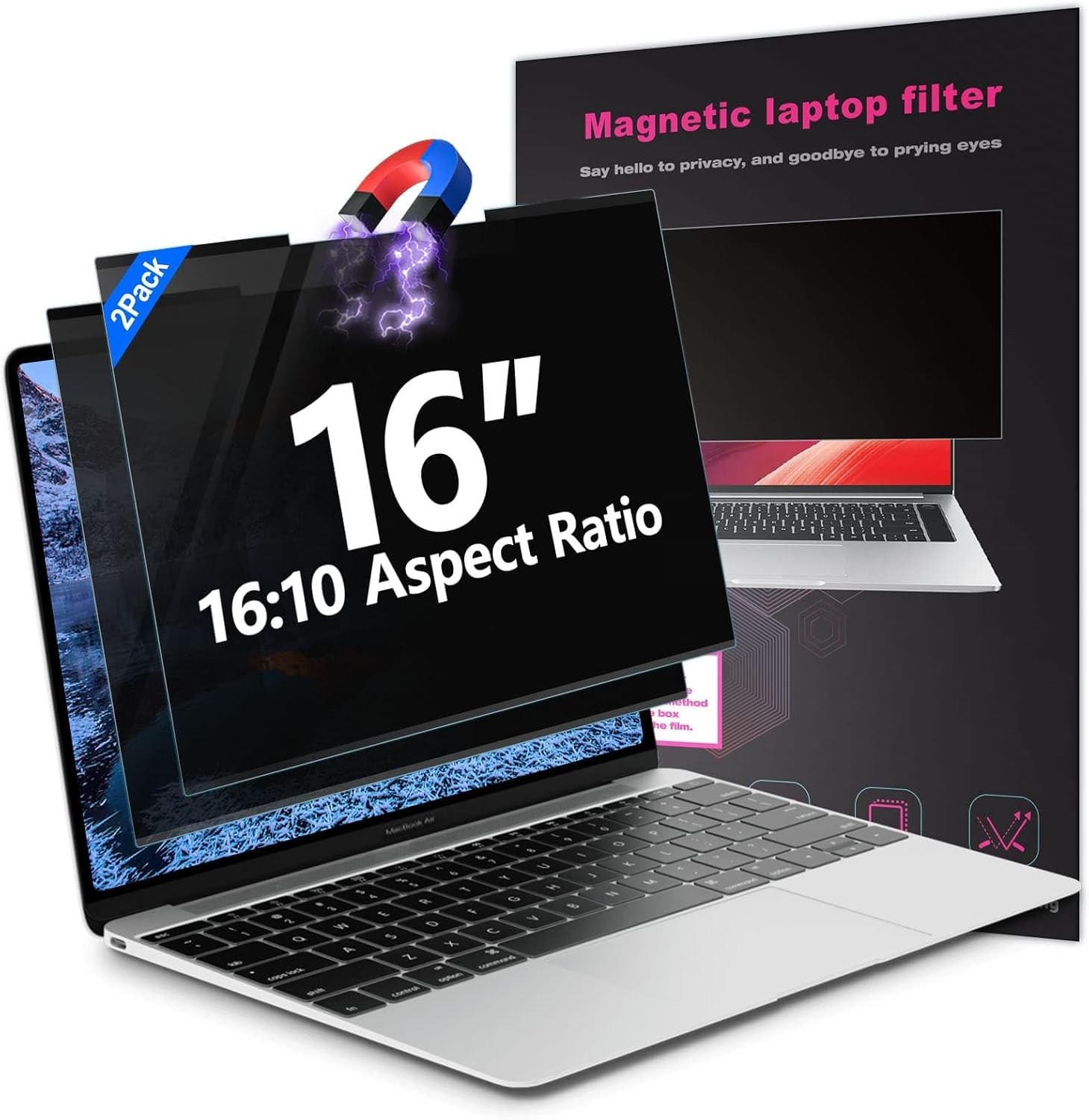 2Pack Magnetic 16 Inch Laptop Privacy Screen, Removable Anti-Blue/Glare Filter 1