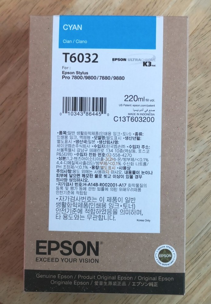 01-2024 NIB  GENUINE EPSON T6032 220ML CYAN INK STYLUS PRO 7800 7880 9800 9880
