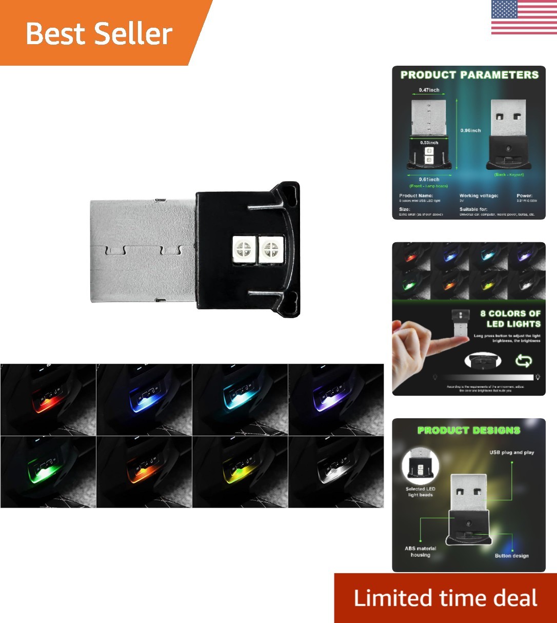 Compact USB LED Night Lamp with 8 Colors & Automatic Brightness Adjustment