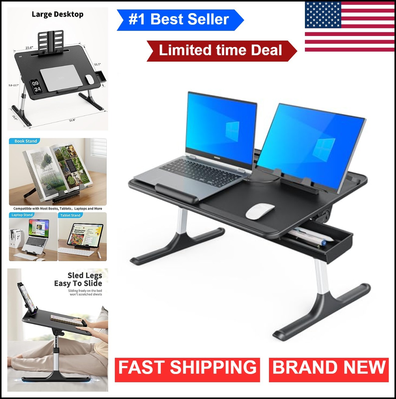 Foldable Lap Desk for Bed X-Large Adjustable Height Angle Laptop Table with