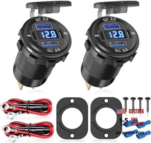 2Pcs 12V/24V Outlet with Voltmeter, Quick Charge 3.0 Dual USB Power Outlet,