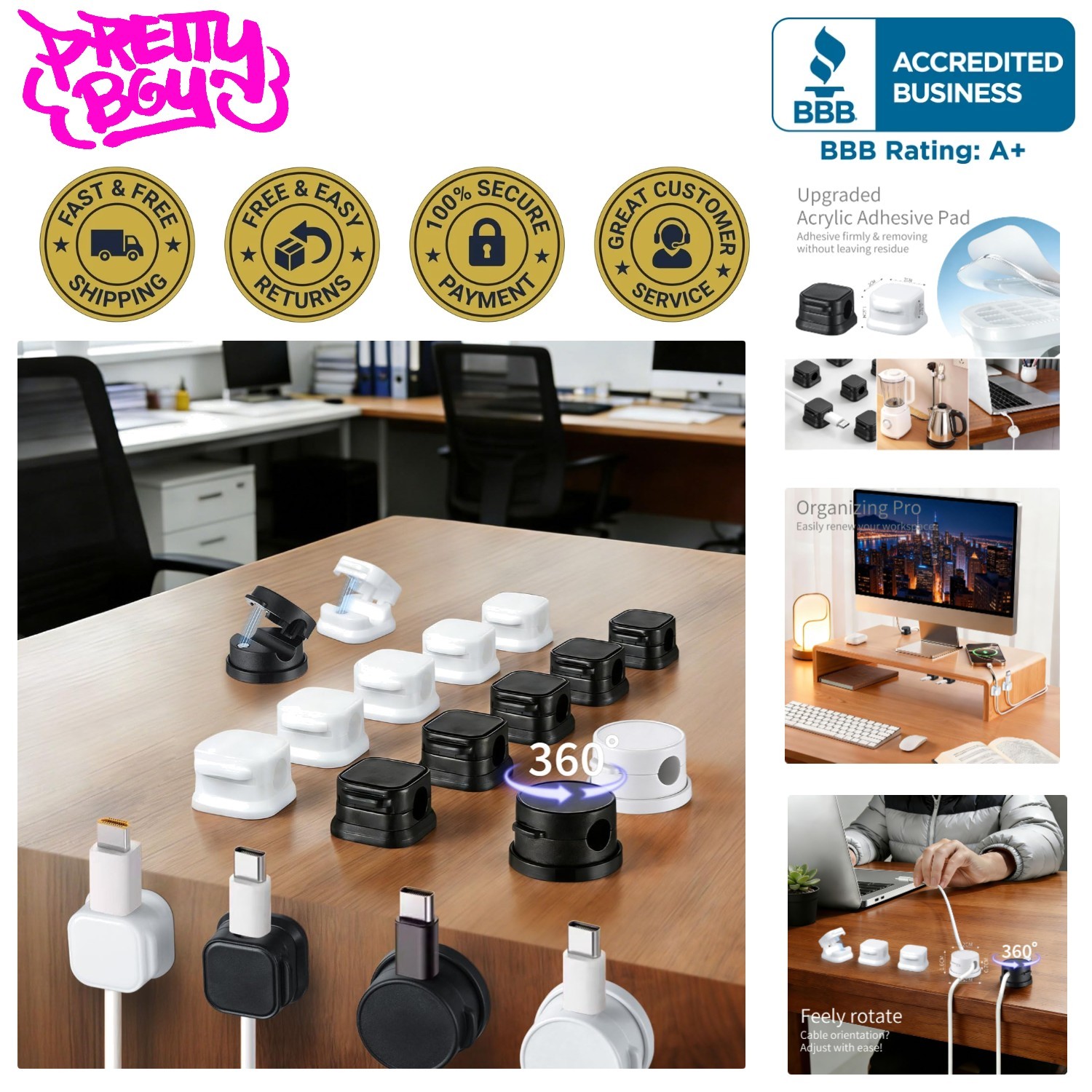 No-Residue Acrylic Cable Clips - 12 Versatile Organizers for Home & Office