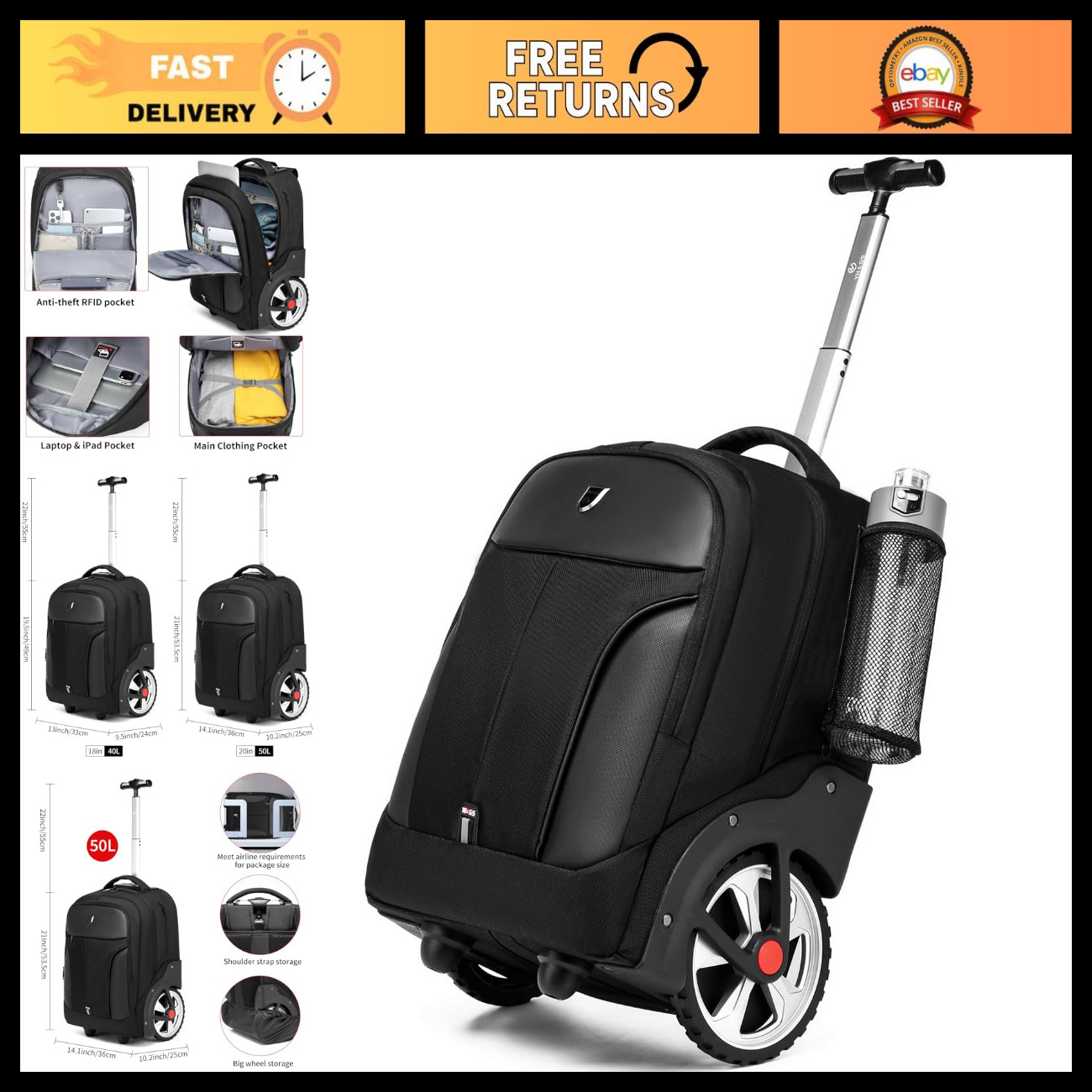 Waterproof Rolling Backpack with Wheels, 17" Laptop Compartment, Travel Commuter