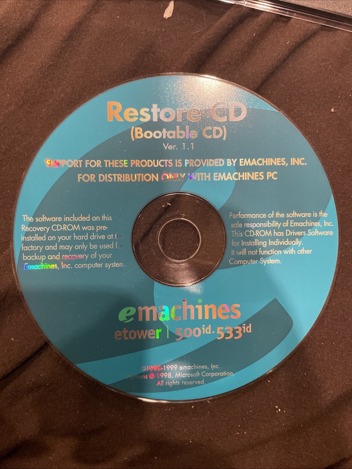 EMachines Restore CD Bootable CD eMachines Tower 500id 533id Version 1.1